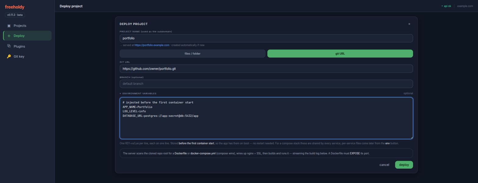 The deploy form with its optional environment variables section expanded, holding a few KEY=value lines that will be stored before the first container start.