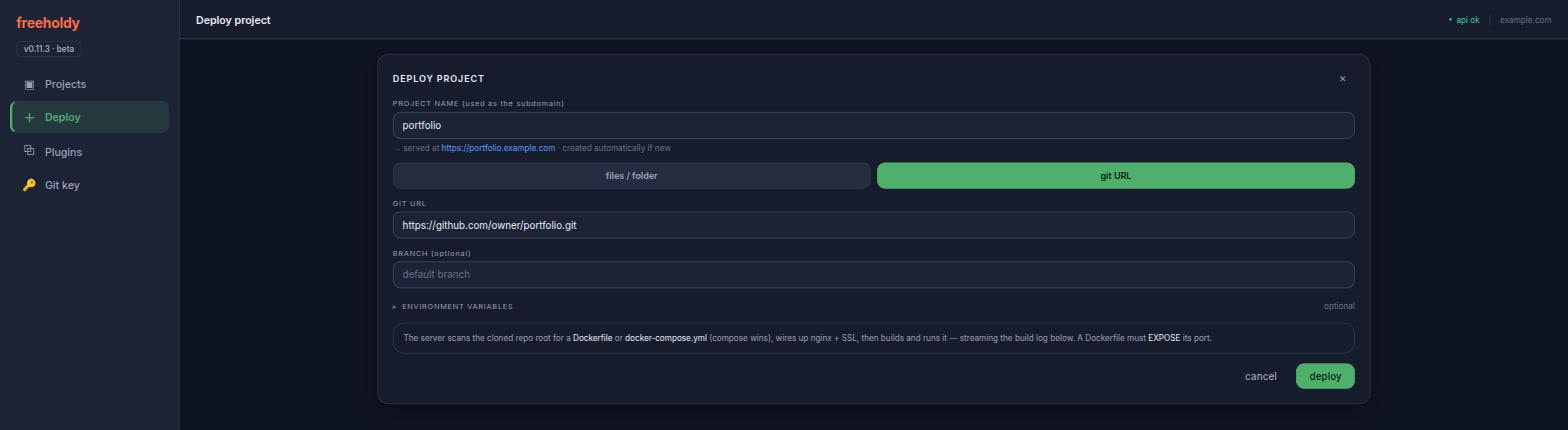 The web UI deploy form on the git URL tab, with a repository URL filled in and an optional branch field below it.