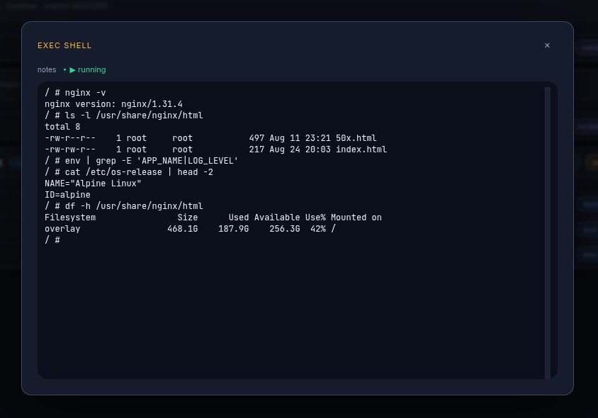 The exec shell dialog: a terminal inside the browser running a few shell commands against the project's container.