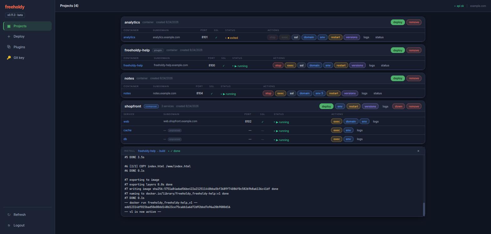 The project list with a newly installed plugin project at the top, and a panel below it streaming the docker build log, ending with the line that the first version is now active.